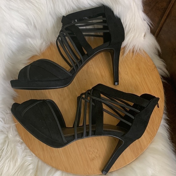 Laura Scott | Black Zipper Strappy Slip On Peep Toe Heels 10M NWOT - Picture 16 of 16